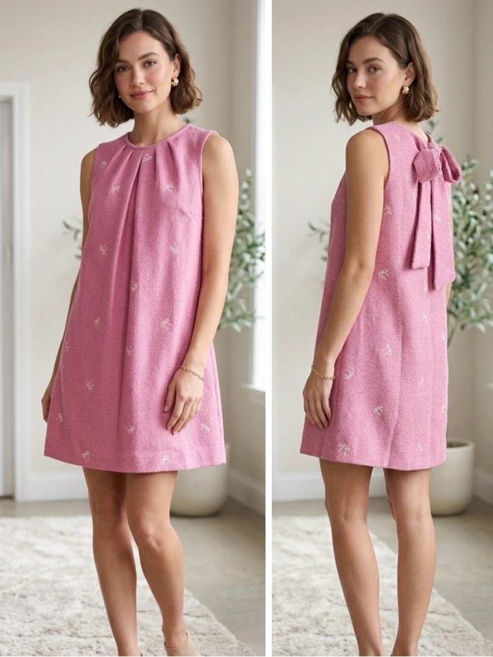 Umgee S Coquette Pink Tweed Dress W/ Back Bow Detail Pretty Cottagecore Chic